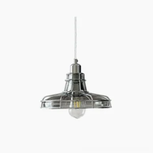 Industrial chrome pendant light with transparent glass shade and metal cage guard, overhead view on white background