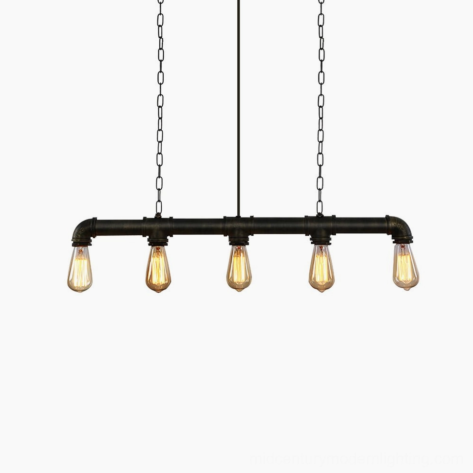 5-light industrial pipe pendant chandelier in black metal finish with vintage Edison bulbs
