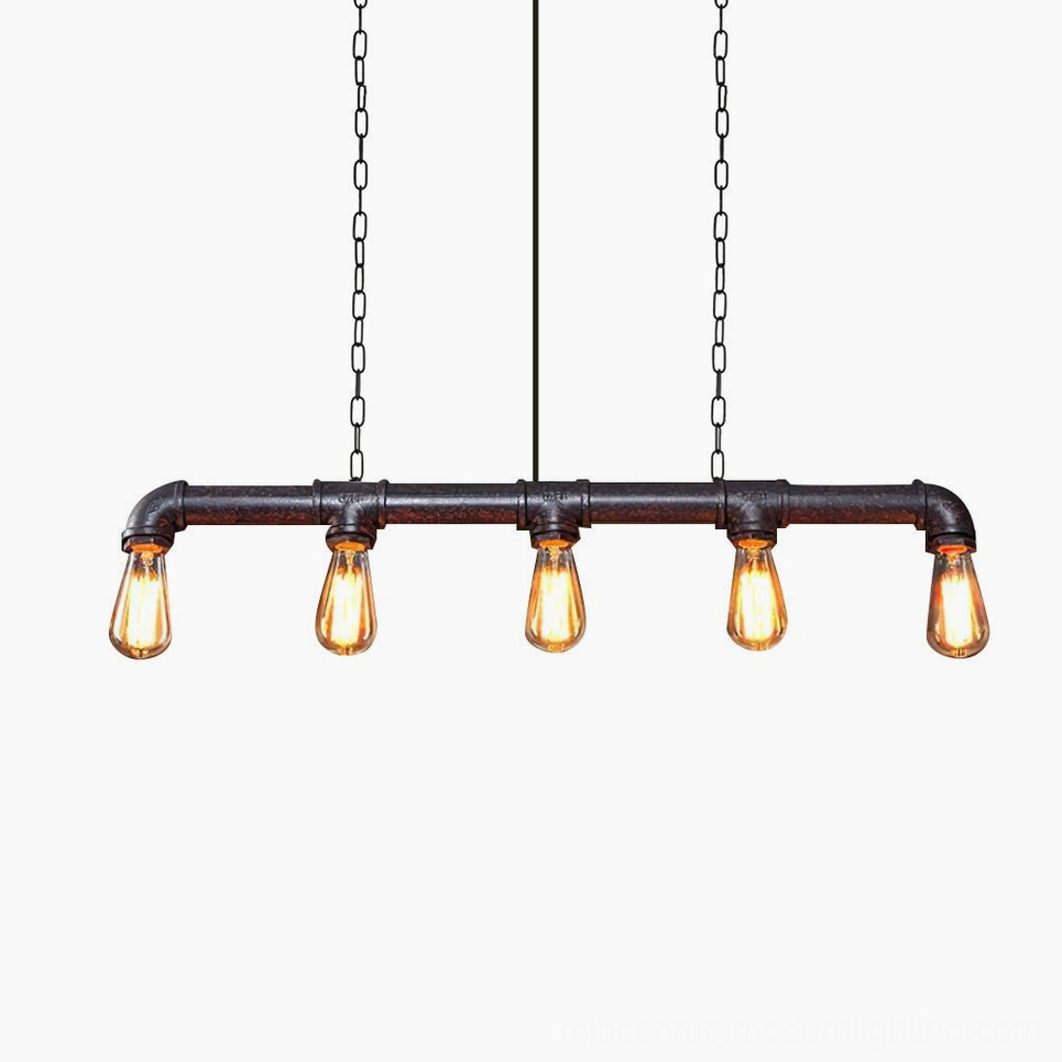 Industrial pipe pendant chandelier in rust patina finish, 5-light configuration, authentic loft style