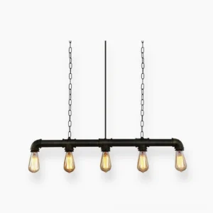 5-light industrial pipe pendant chandelier with exposed Edison bulbs on white background