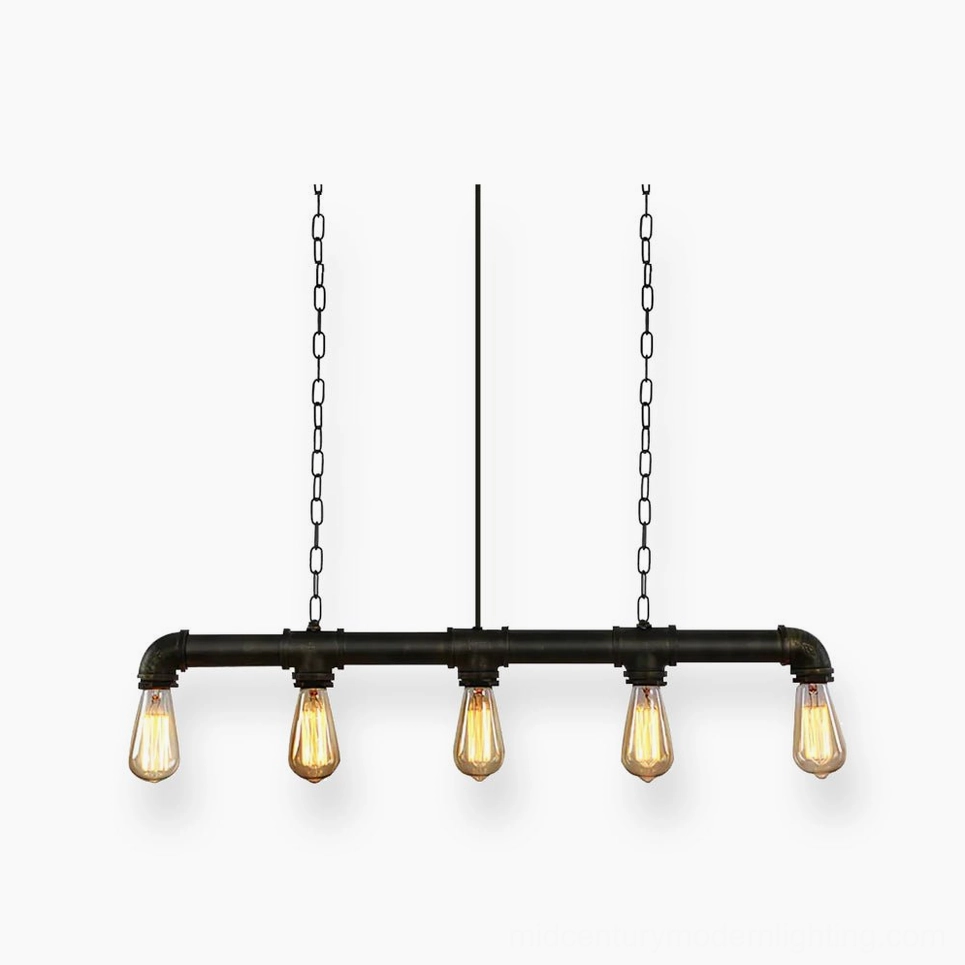5-light industrial pipe pendant chandelier with exposed Edison bulbs on white background