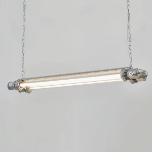 Industrial silver tube chandelier side profile showing metal hardware and suspension chain detail