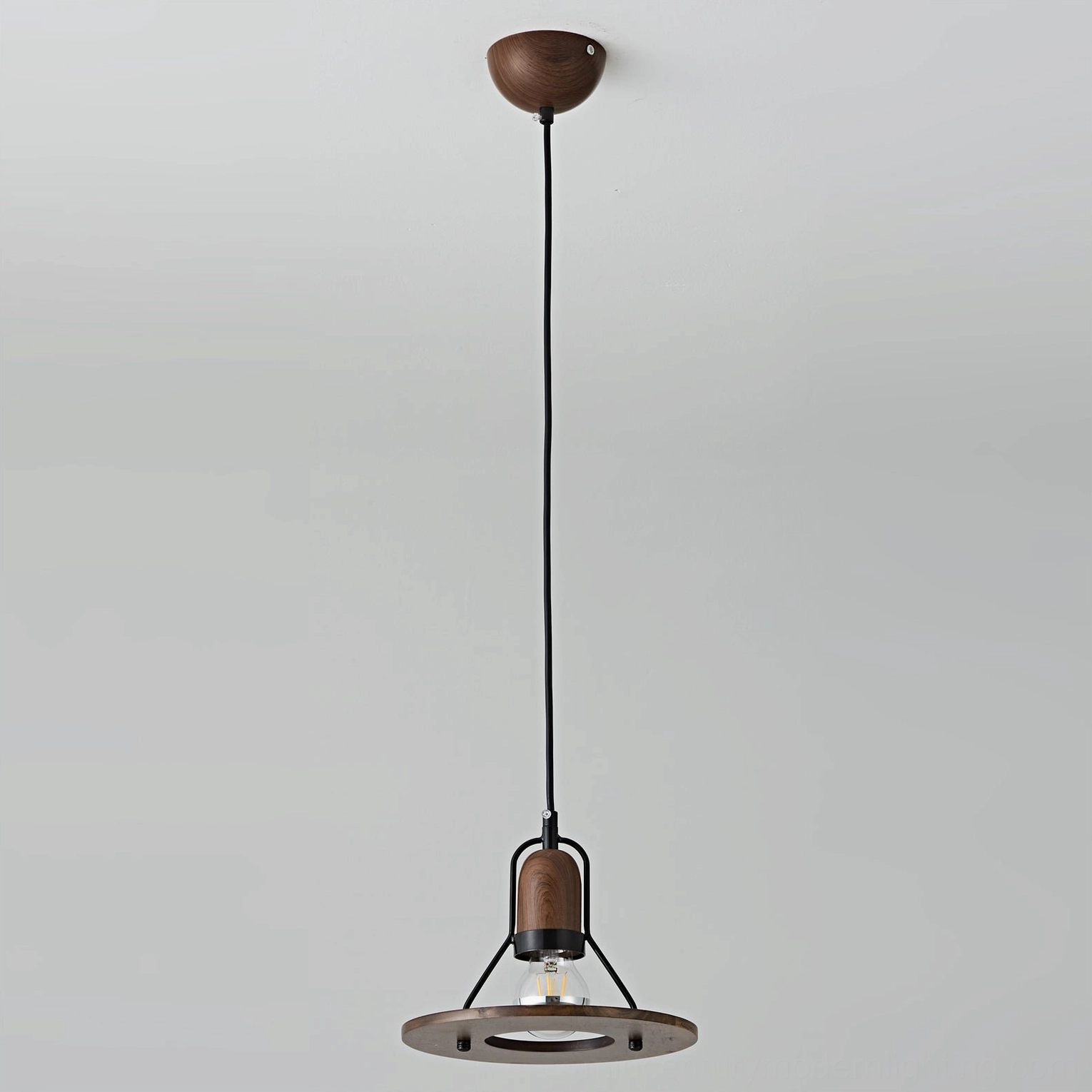 Understated industrial vintage pendant lamp direct front view, clean minimalist aesthetic against white background