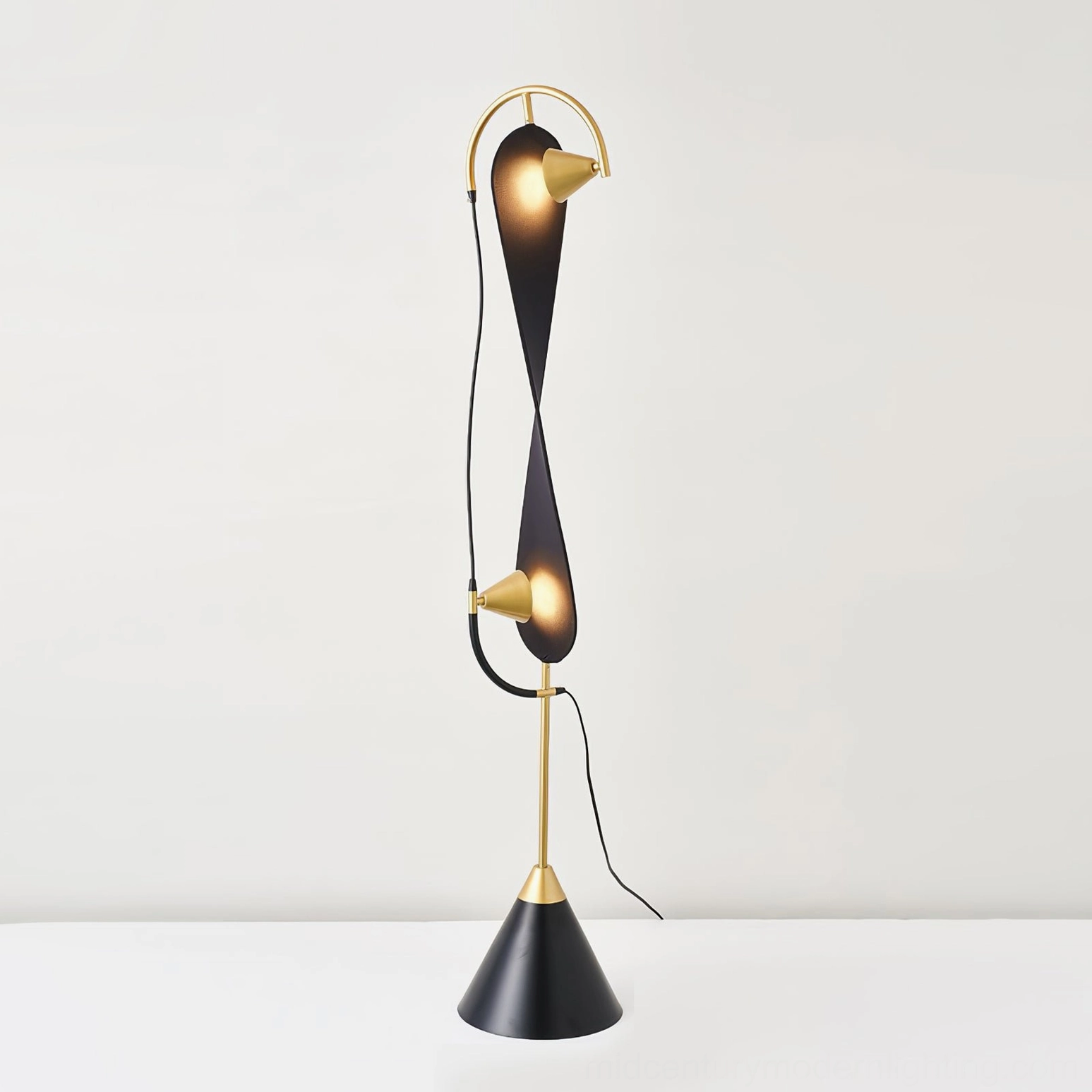 Infinite Floor Lamp Black + Gold variant displaying premium brushed brass accents and high-elastic fabric shade