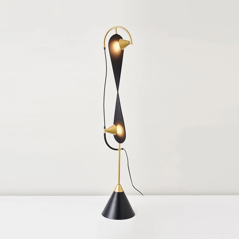 Infinite Floor Lamp front flat view displaying brass gold base and trim with black matte fabric shades