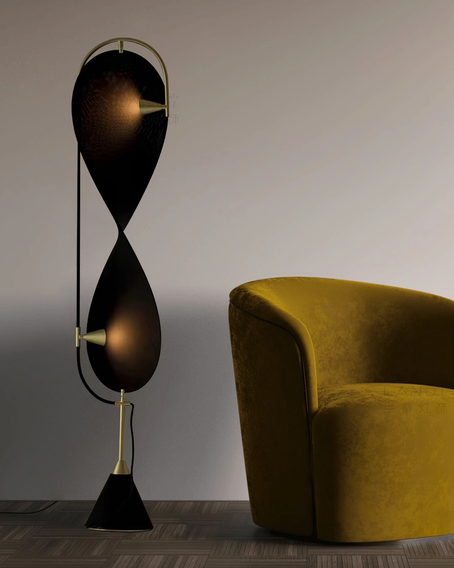 Infinite Floor Lamp corner installation view showing sculptural form and soft fabric shade illumination