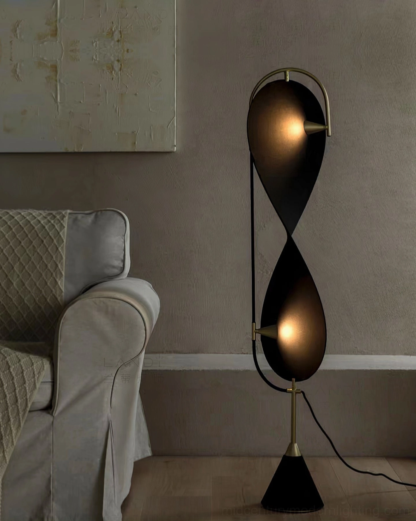 Infinite Floor Lamp detail shot highlighting premium metal construction and high-elastic milk silk fabric