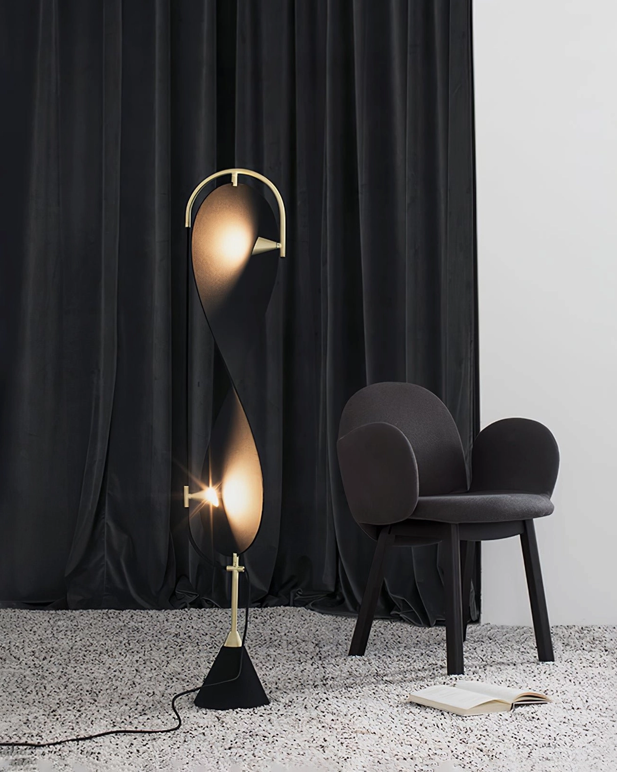Infinite Floor Lamp front view with dual teardrop-shaped lampshade and exposed structural elegance