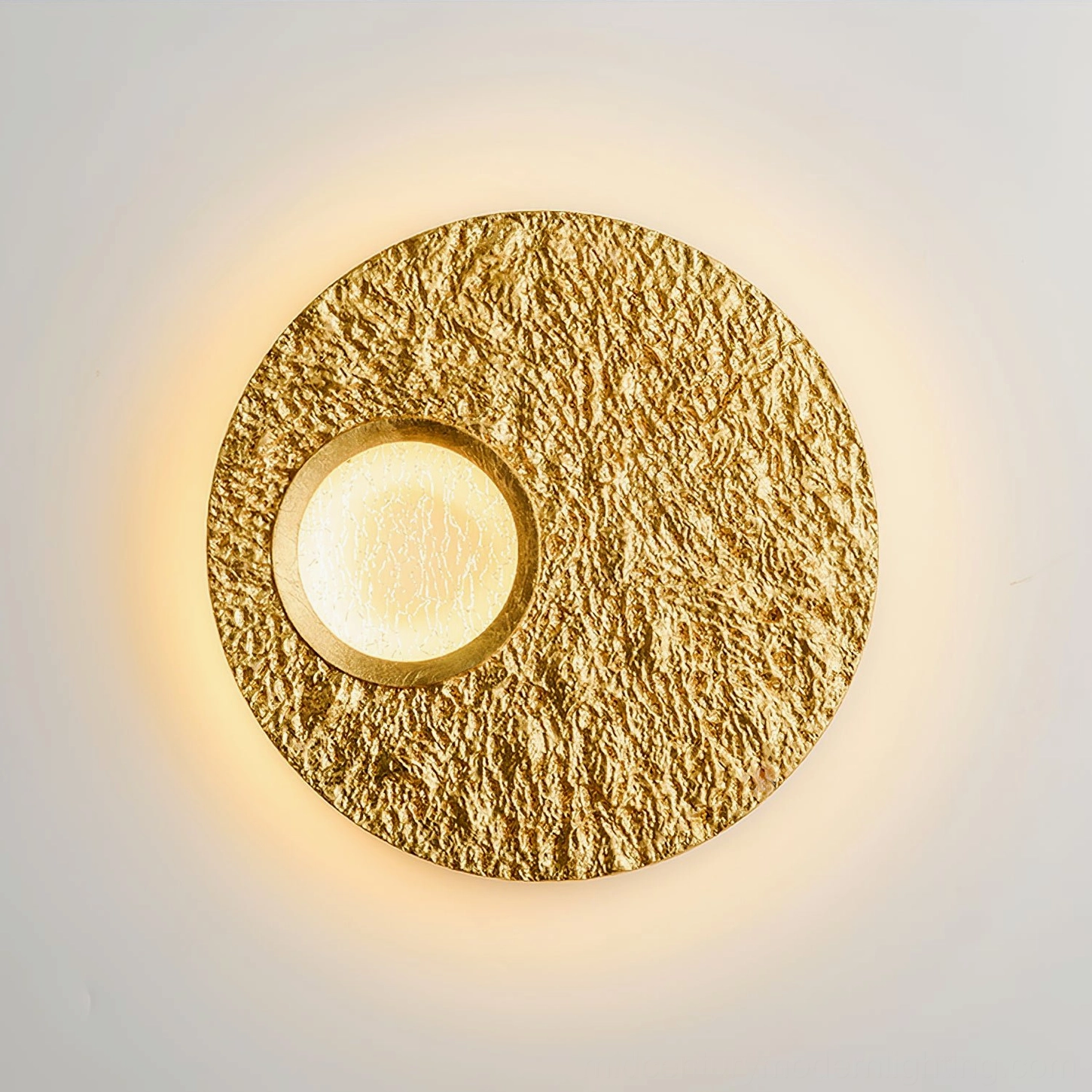 Gold Infinity LED wall lamp with textured metal frame and illuminated inner ring for ambient lighting