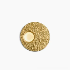 Infinity LED wall lamp with textured gold finish in minimalist dual-circle design, overhead studio view
