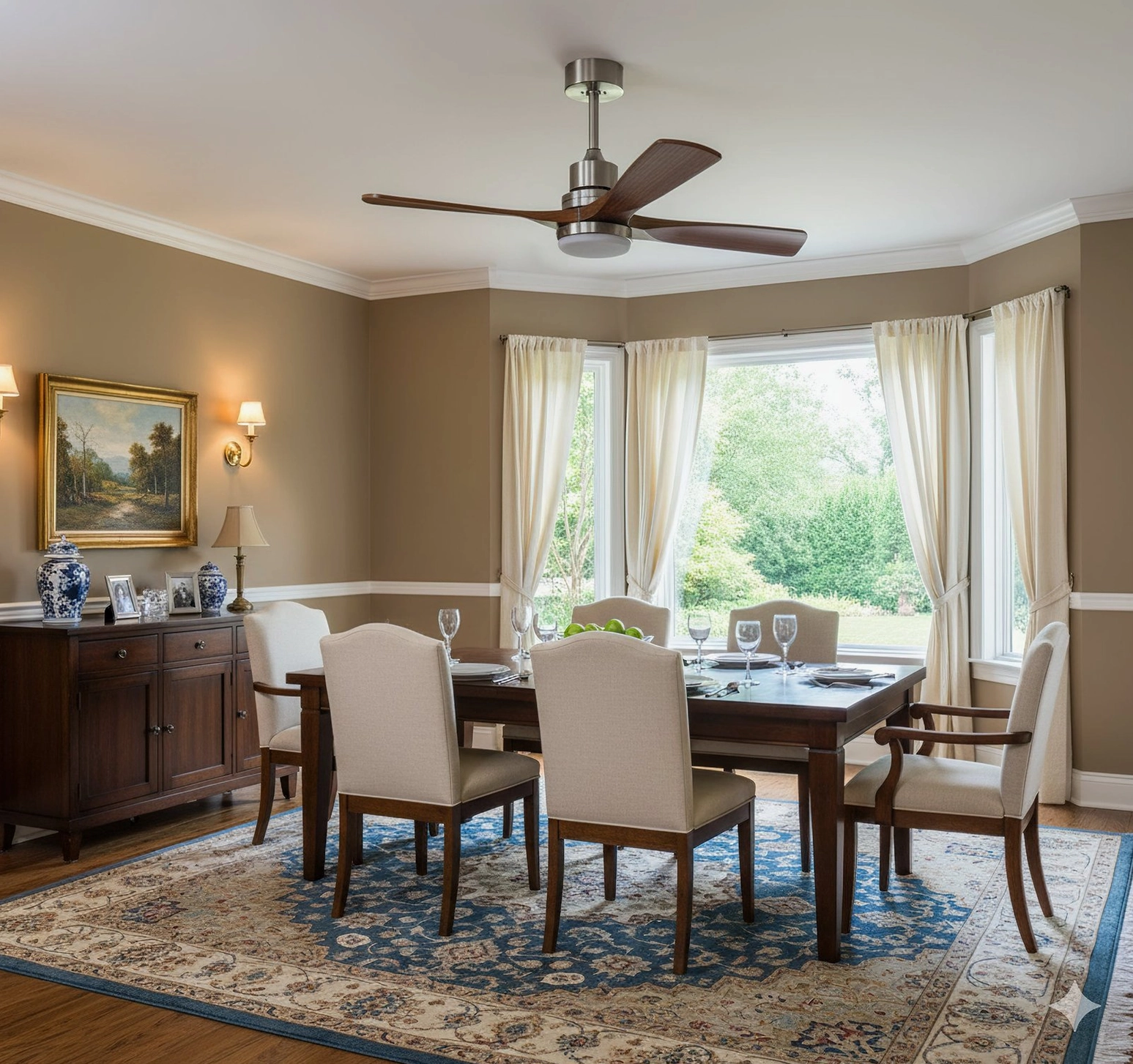 Large integrated LED ceiling fan light fixture in warm traditional dining space, overhead view showing brown accent walls and formal dining setup
