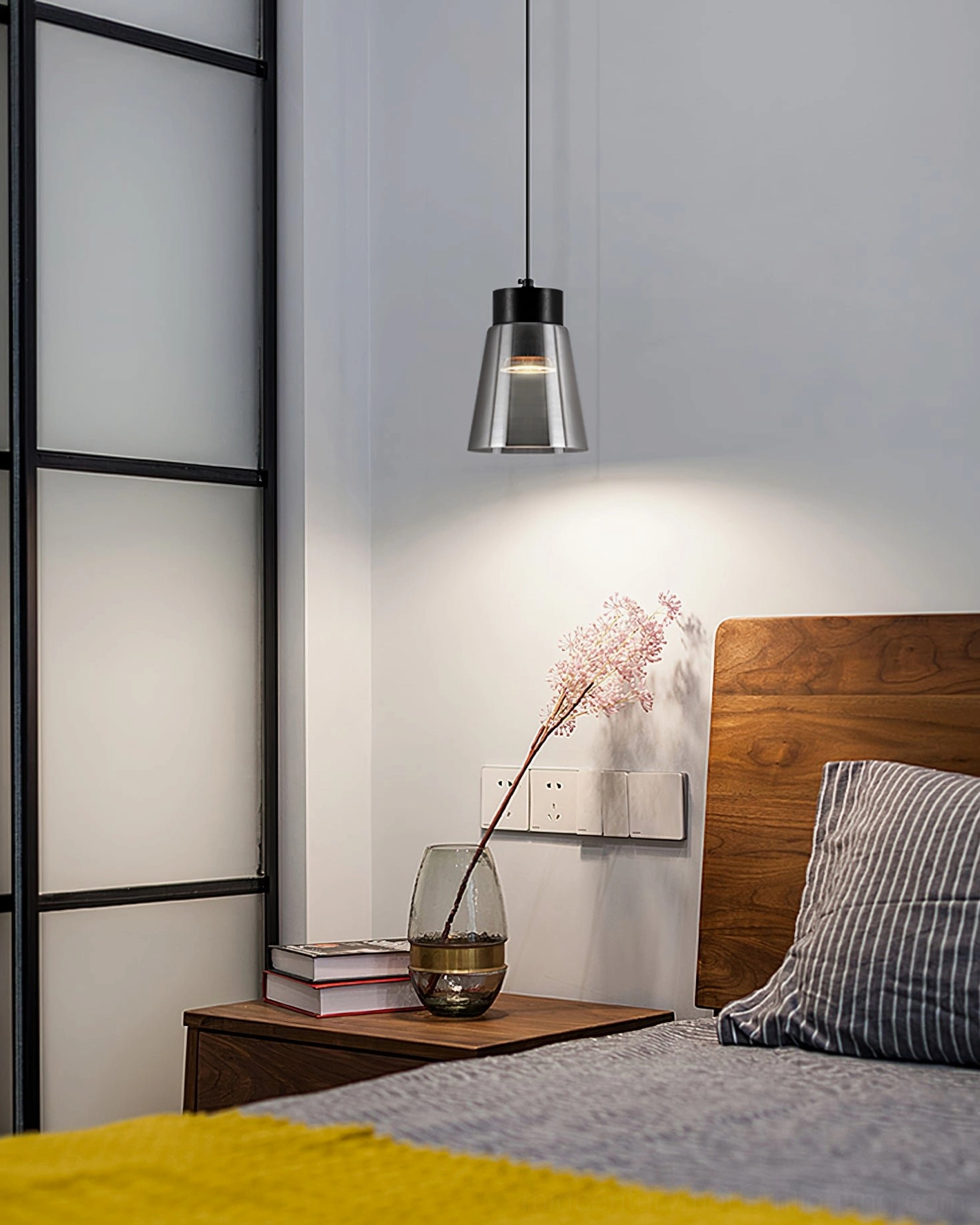 Modern minimalist cone pendant with integrated LED and smoke grey glass diffuser