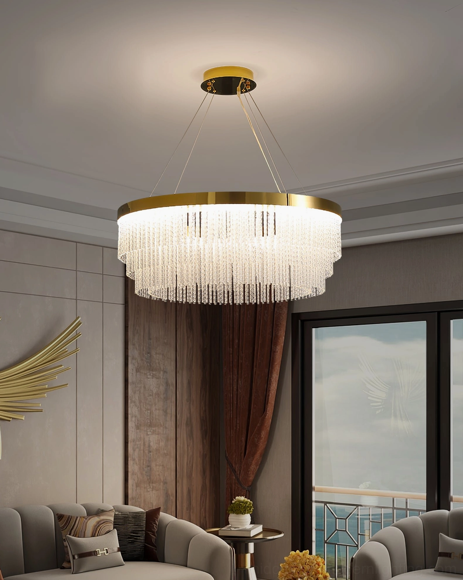 Contemporary home interior featuring installed tiered crystal chandelier as focal point lighting