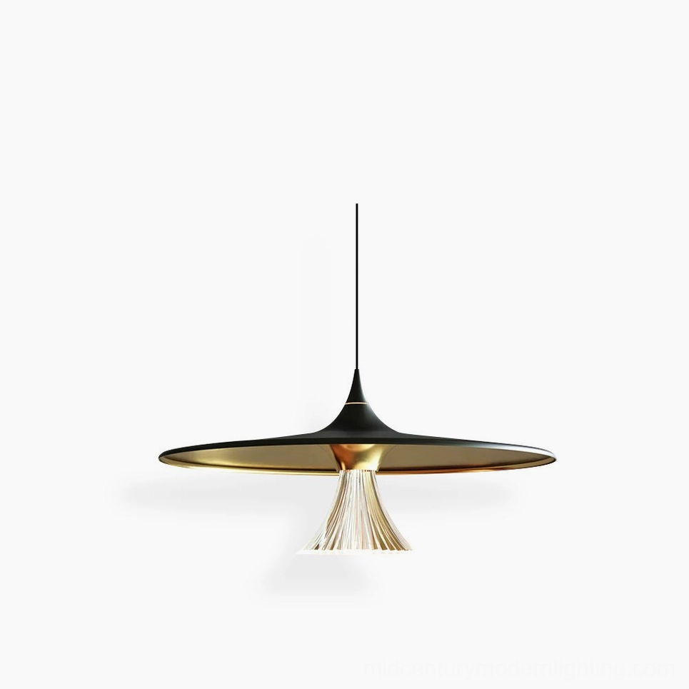 Ipho modern disc pendant light with black and gold finish and fluted acrylic diffuser, front view on white background