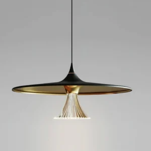 Black and gold Ipho pendant light with pleated glass shade, eye-level interior design view