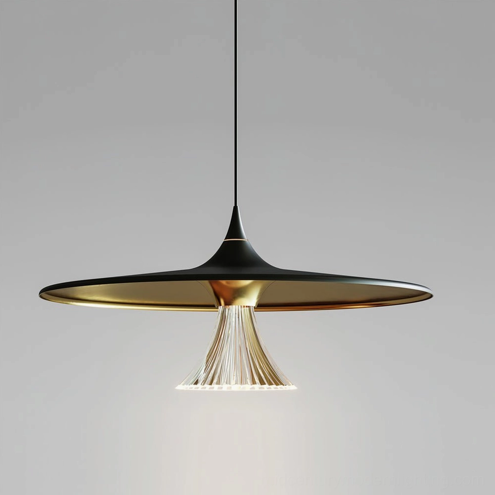 Black and gold Ipho pendant light with pleated glass shade, eye-level interior design view
