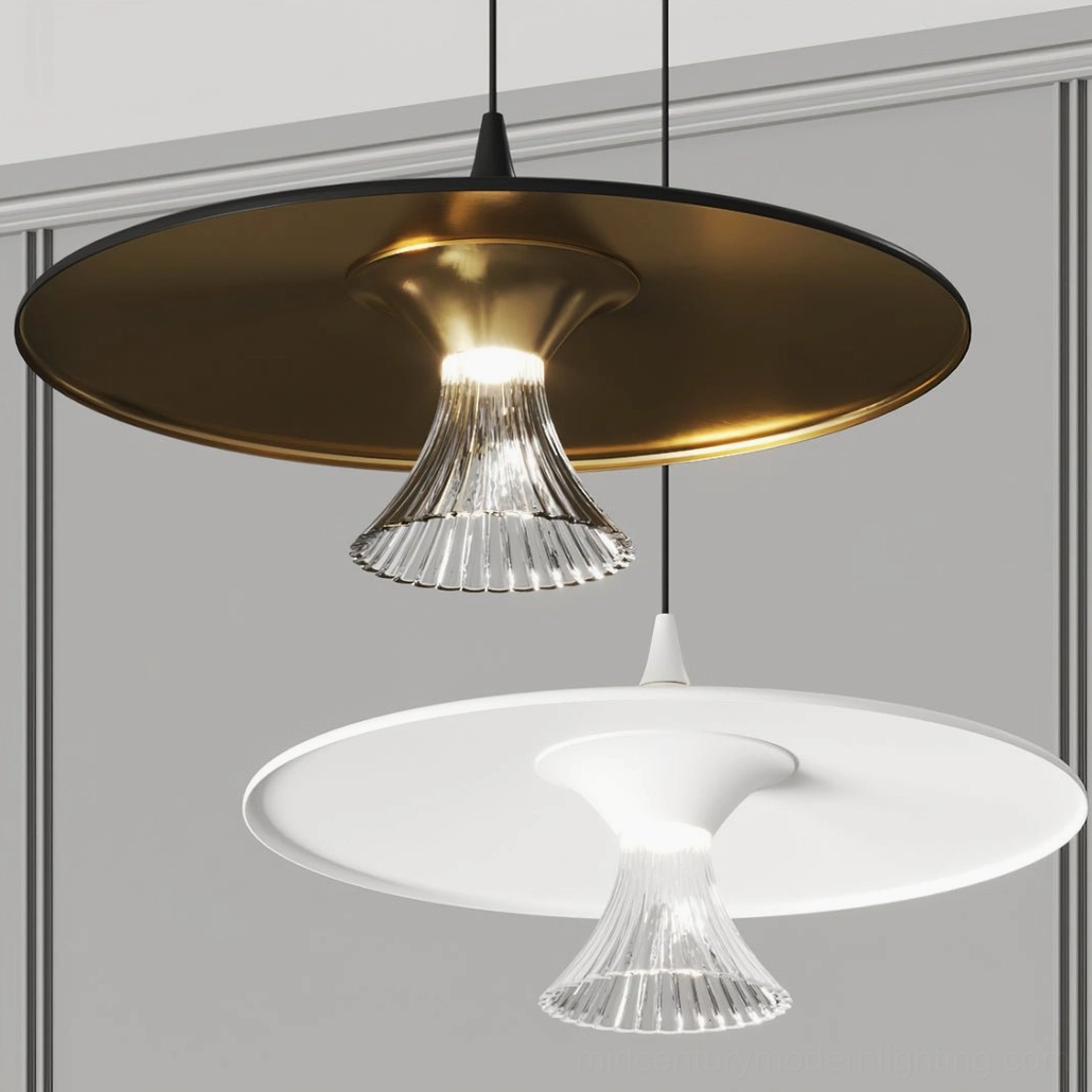 Mixed Ipho pendant lights - black gold and white matte finishes with ribbed glass diffusers in modern home interior