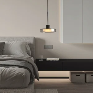 Single Iris pendant ceiling light installed in modern master bedroom with warm ambient lighting