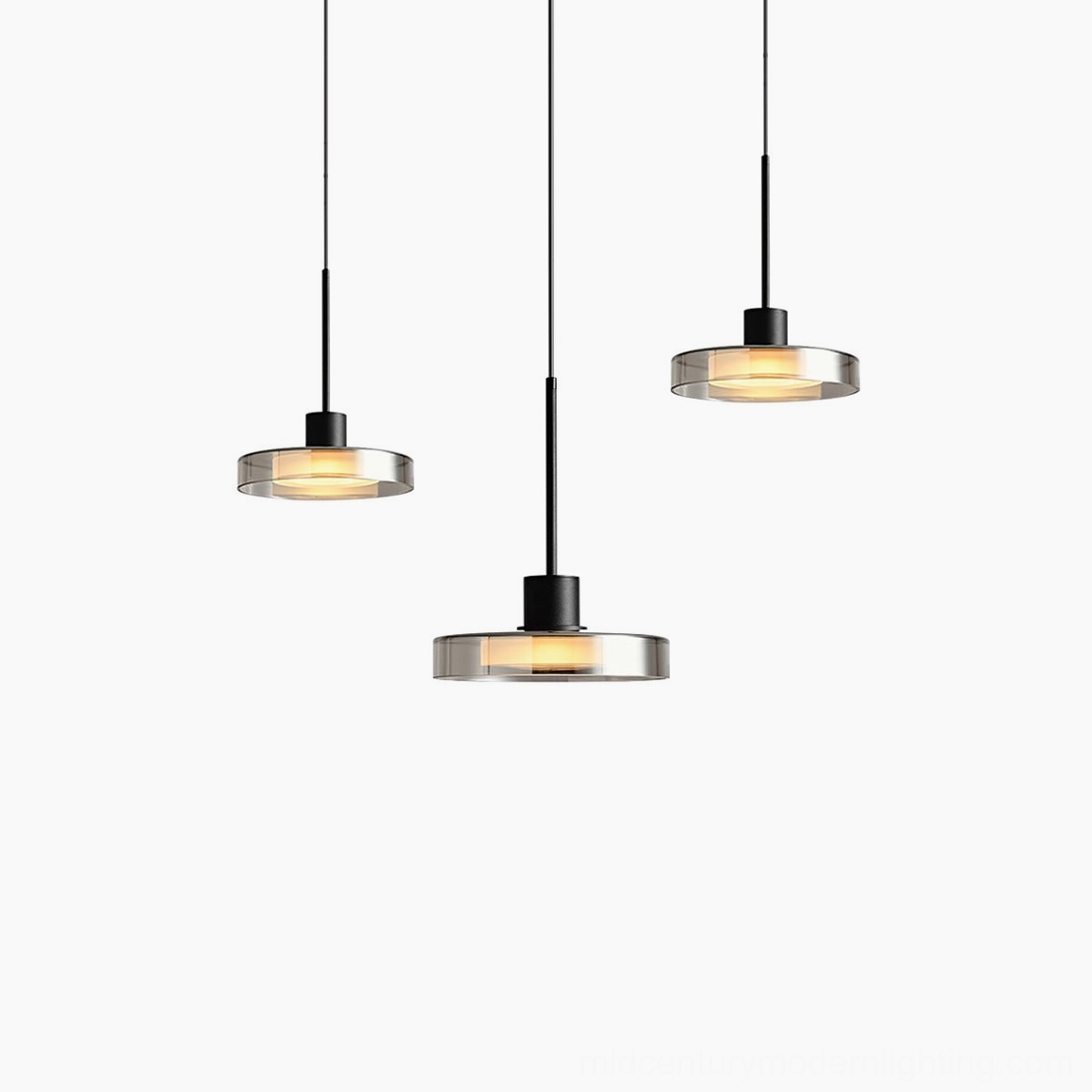 Iris pendant light installation showing warm white integrated LED and ceiling mount hardware
