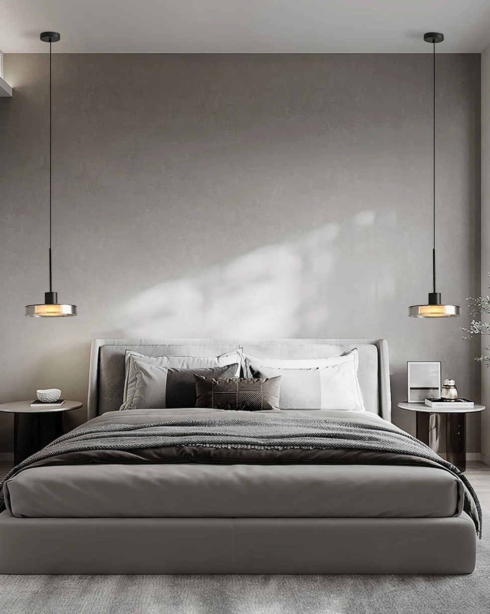 Iris smoke grey pendant light detail shot showing glass shade diffusion and metal hardware