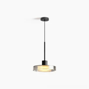 Iris pendant light with smoke grey glass shade and matte black metal frame, front view on white background