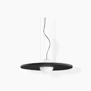 Irving Silence pendant lamp front overhead view, matte black metal disc with frosted white opal glass diffuser, minimalist modern design studio photography