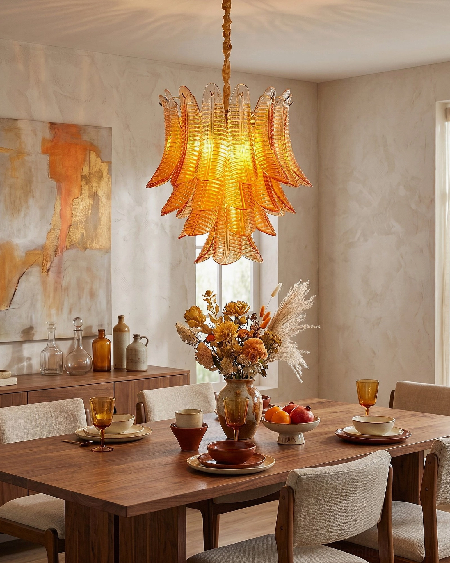 Isolde tiered glass chandelier detail view showing textured glass elements and brass metal framework construction