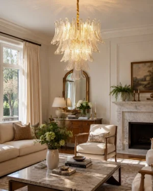 Isolde glass chandelier installed in formal traditional living room with fireplace, warm neutral interior setting