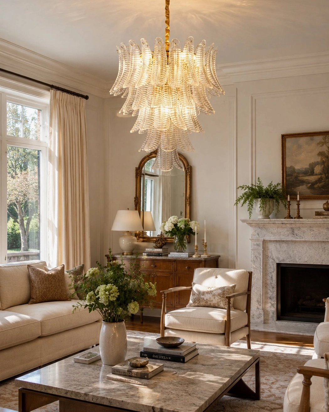 Isolde glass chandelier installed in formal traditional living room with fireplace, warm neutral interior setting