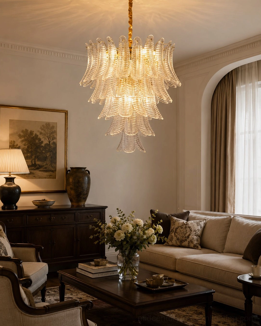 Clear transparent tiered glass chandelier in bright traditional living room with arched window detail