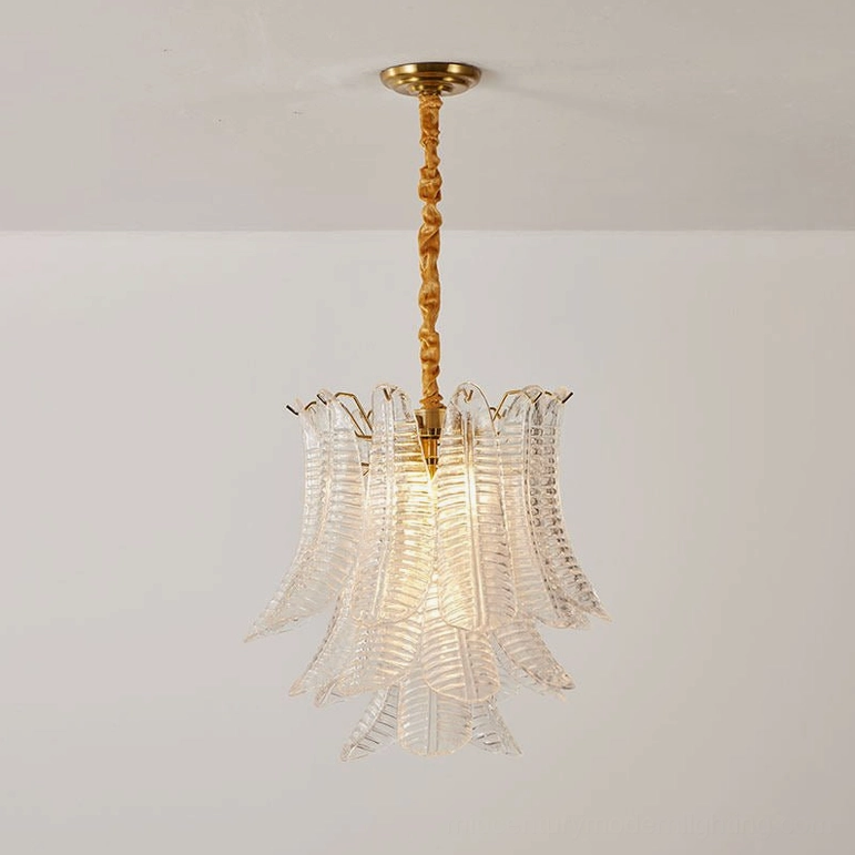 Clear Isolde chandelier with gold finish showing geometric tiered leaf-inspired glass layers