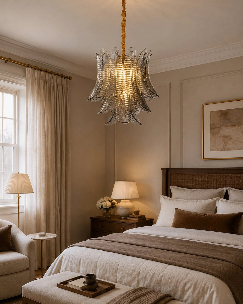 Feather-shaped glass chandelier in cozy master bedroom creating warm ambient luxury lighting