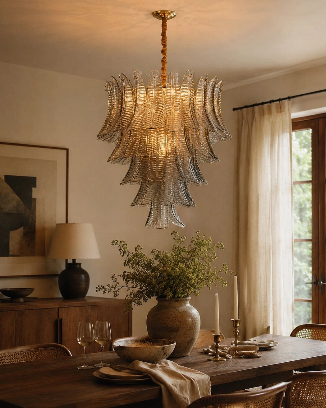 Feather glass chandelier pendant above formal dining table with warm wood tones and coordinated decor