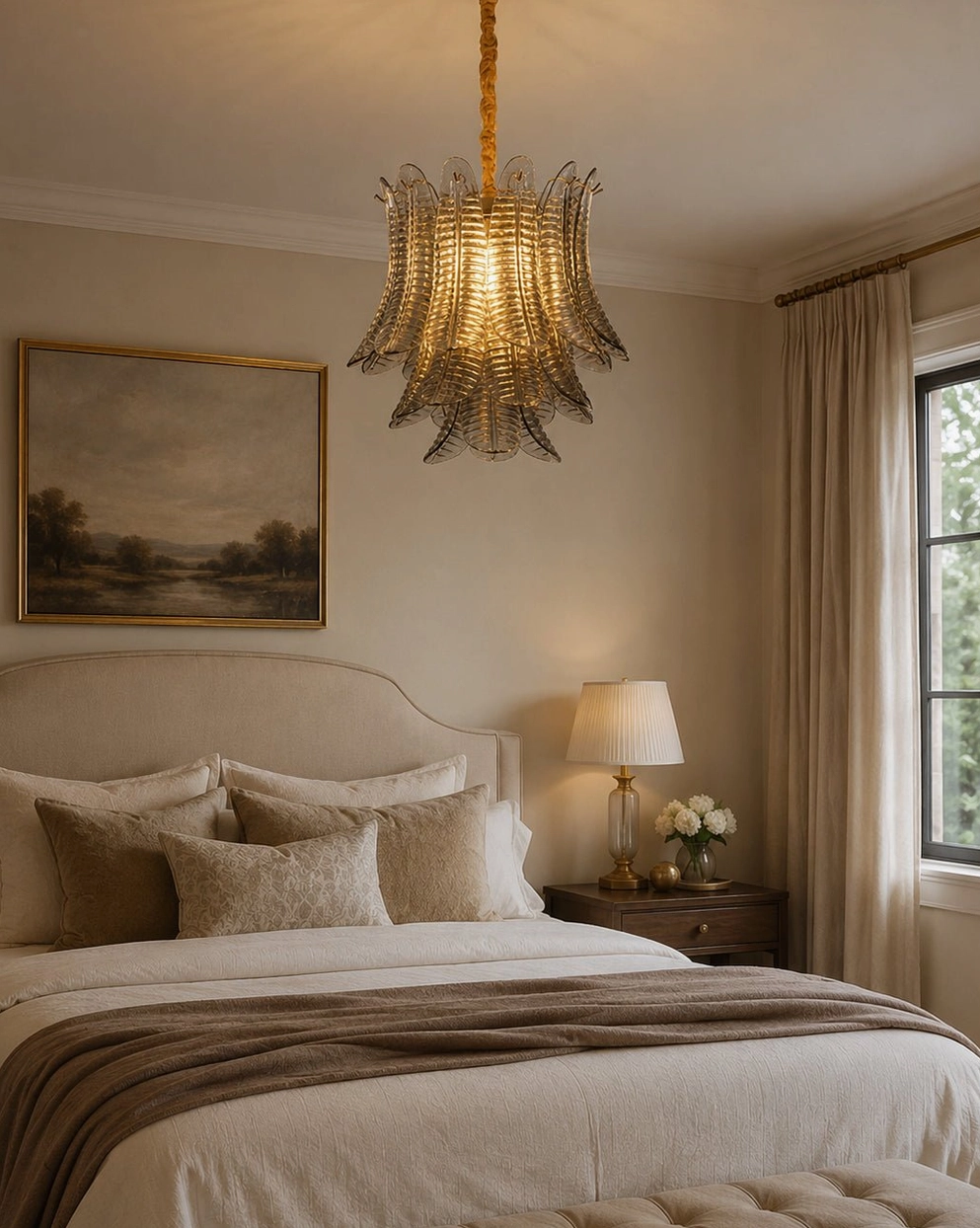 Tiered glass chandelier in minimalist neutral bedroom with simple elegant bedding and warm ambient glow