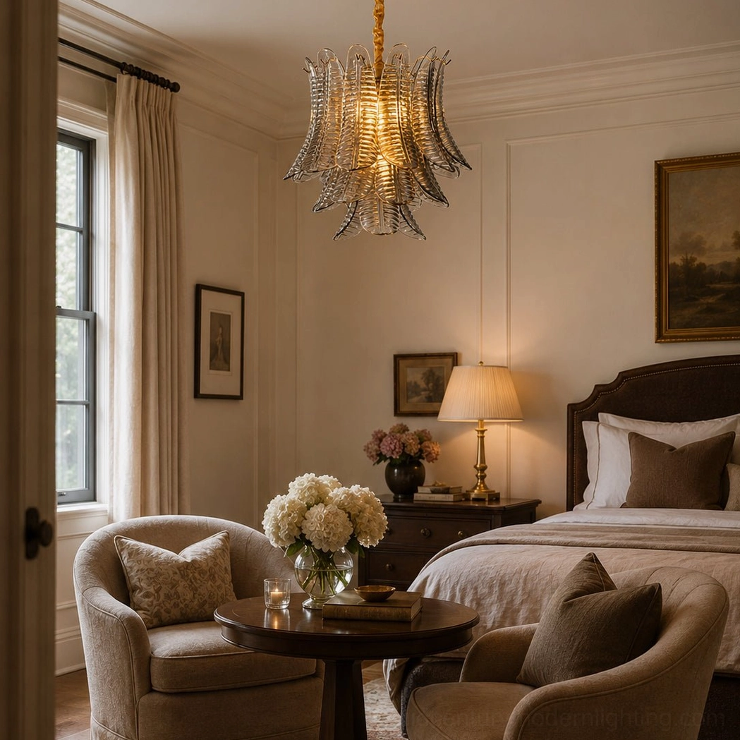 Feather tiered glass chandelier above cozy bedroom lounge with velvet upholstered seating and warm decor