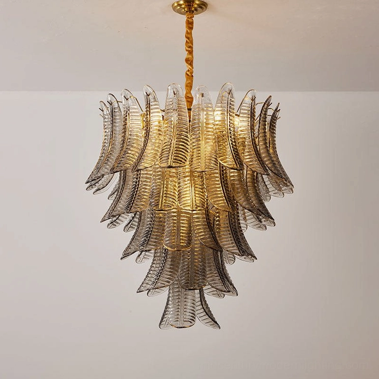 Isolde large tiered glass chandelier smoke gray and gold finish for sophisticated contemporary interiors
