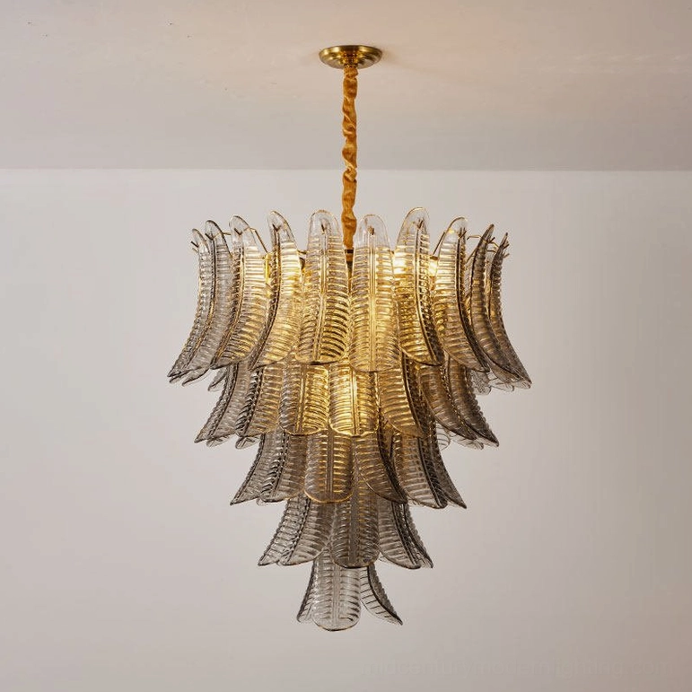 Large format Isolde tiered glass chandelier installation view in high-ceiling modern residential space