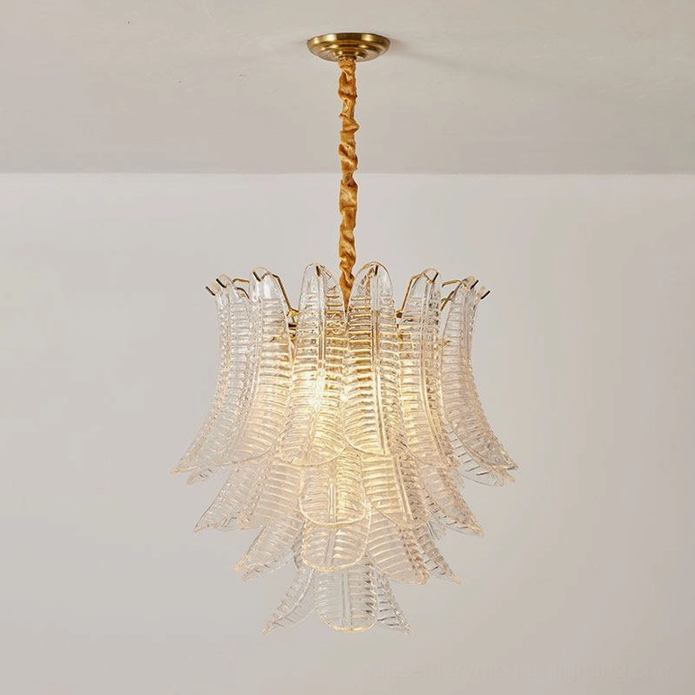 Isolde clear glass chandelier medium size showing transparent tiered elements and light diffusion