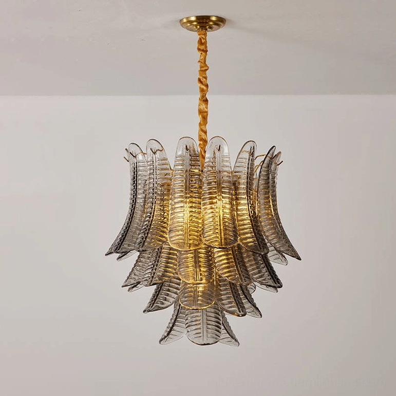 Medium Isolde tiered glass chandelier in smoke gray and gold for contemporary home interiors