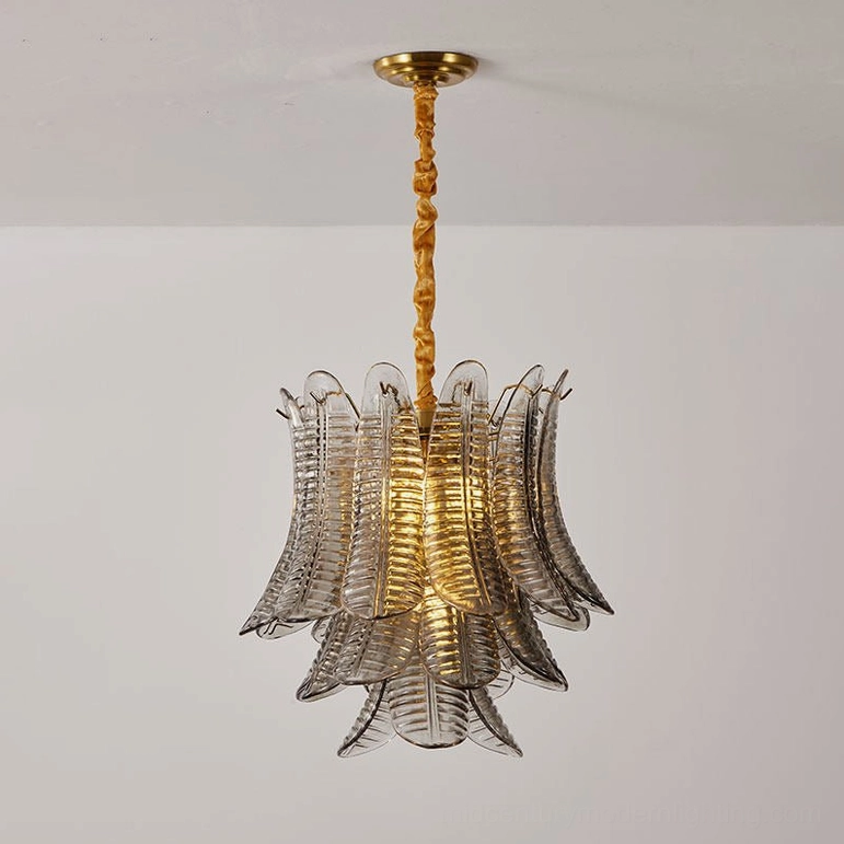 Isolde glass chandelier smoke gray and gold variant, close-up view of tiered layered glass construction