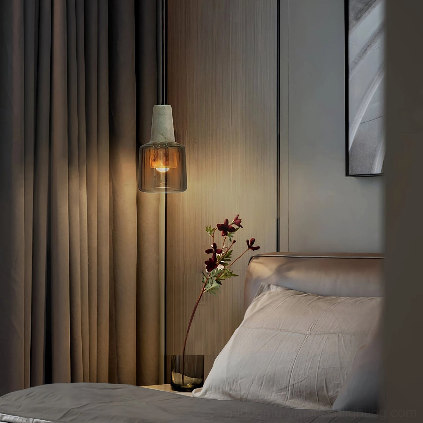Issa pendant light above bedside table in cozy bedroom with dark curtains and warm ambiance