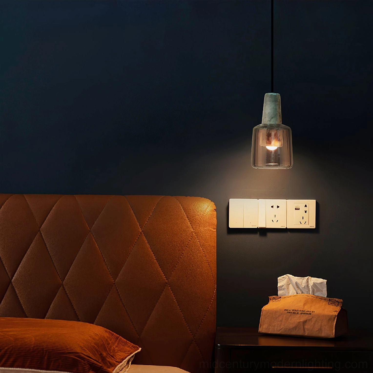 Issa wall hanging pendant light in dark luxury bedroom with wooden bedside table