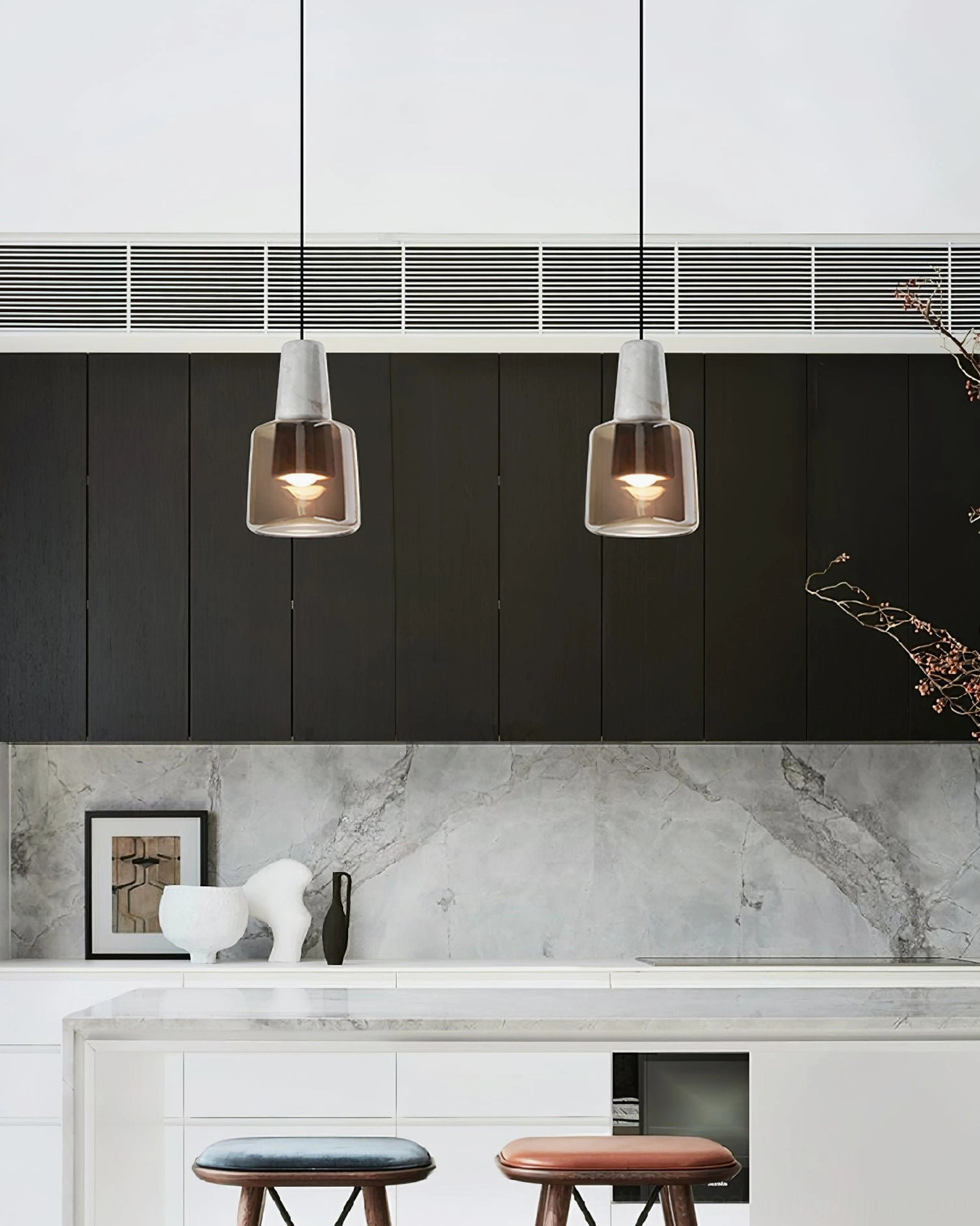 Issa pendant lamp installed over dining table minimalist contemporary dining space