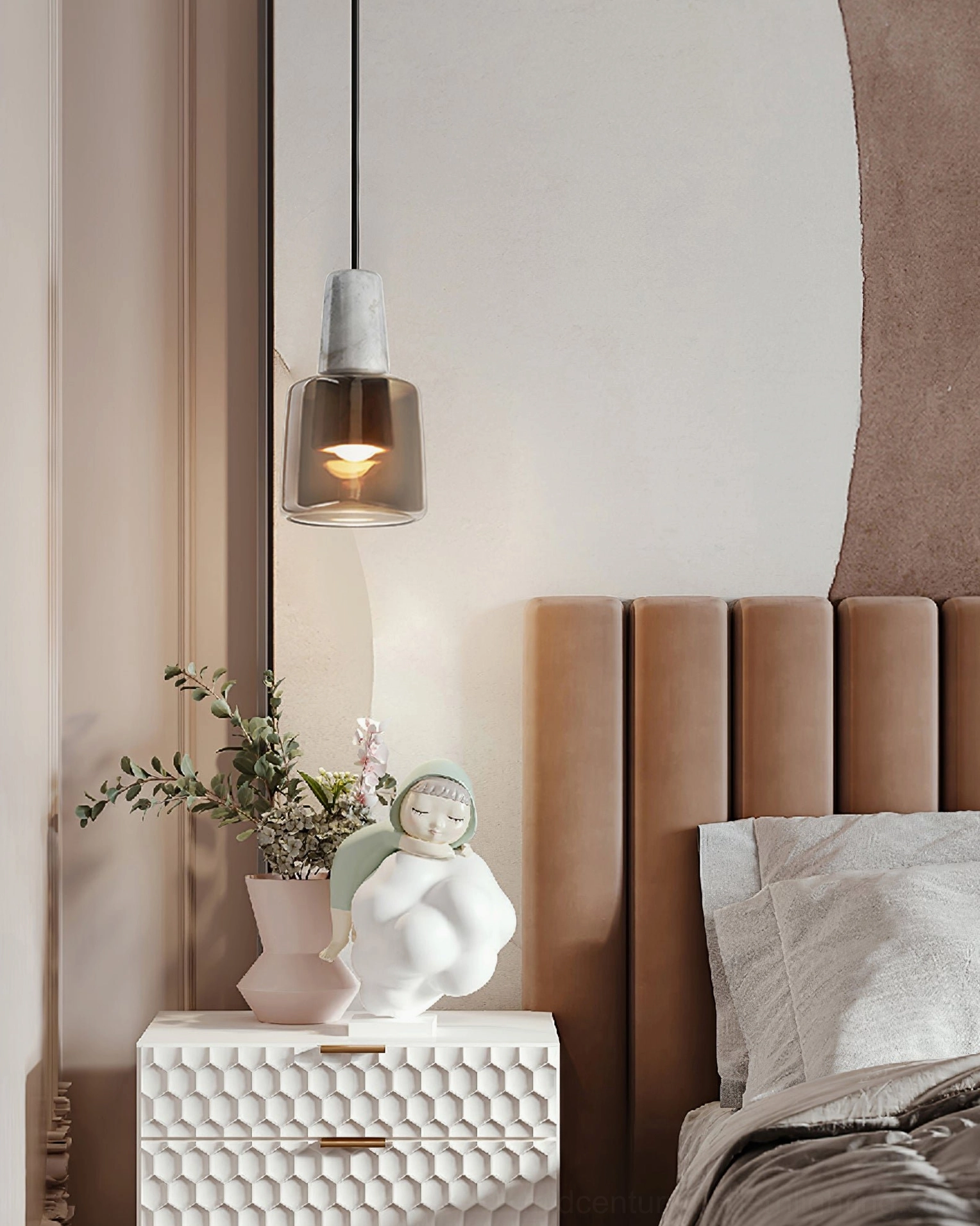Issa marble smoke glass pendant lamp product detail marble cap close up photography
