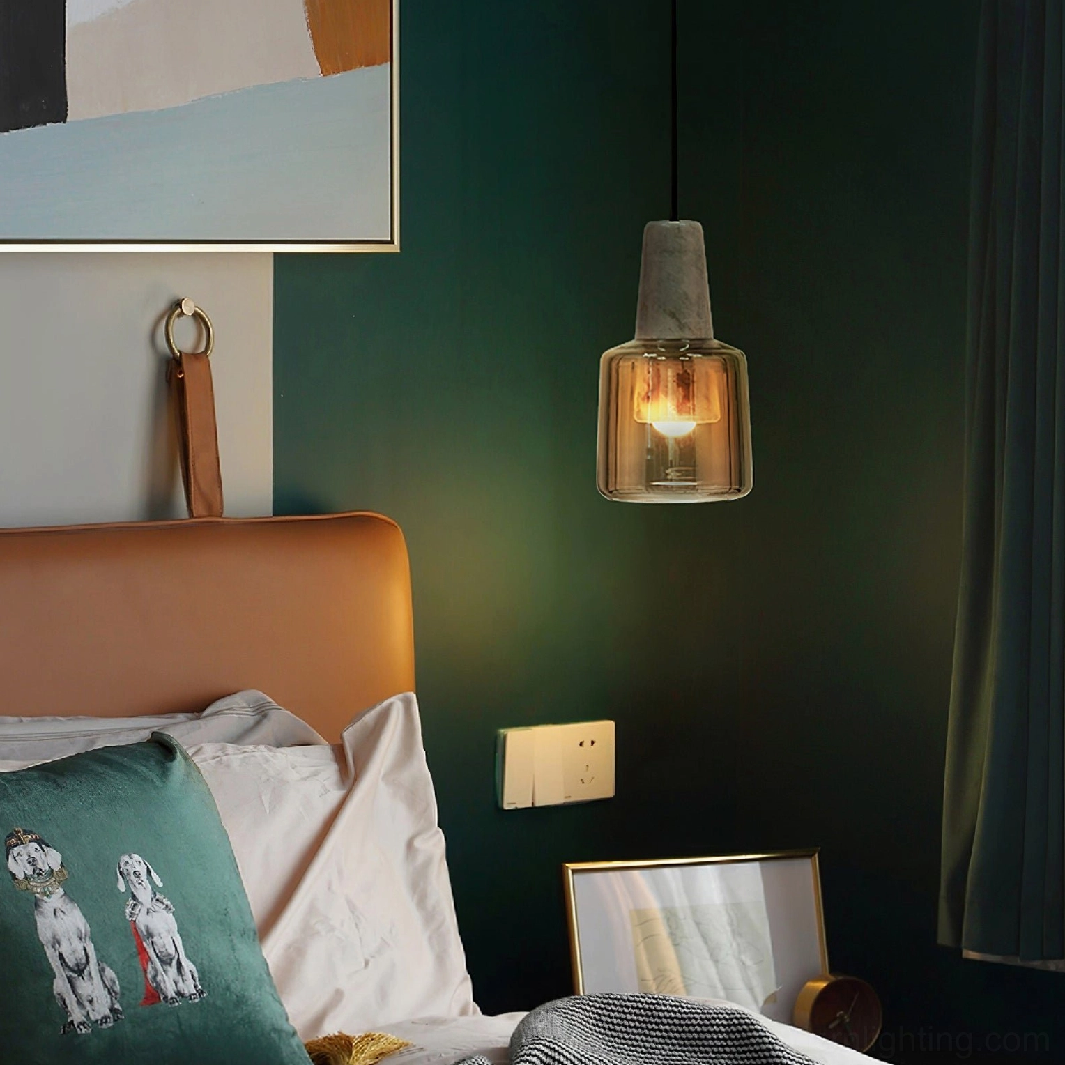 Issa pendant light installed in scandinavian nordic bedroom with dark green walls and ambient lighting