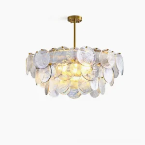 Jacobella cascading glass disc chandelier with brass-gold hardware, front view showing ripple texture glass shades and warm glowing illumination