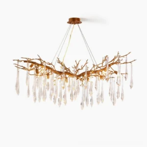 Janae brass chandelier with crystal pendants, overhead front view showcasing symmetrical branch-like structure in polished gold finish