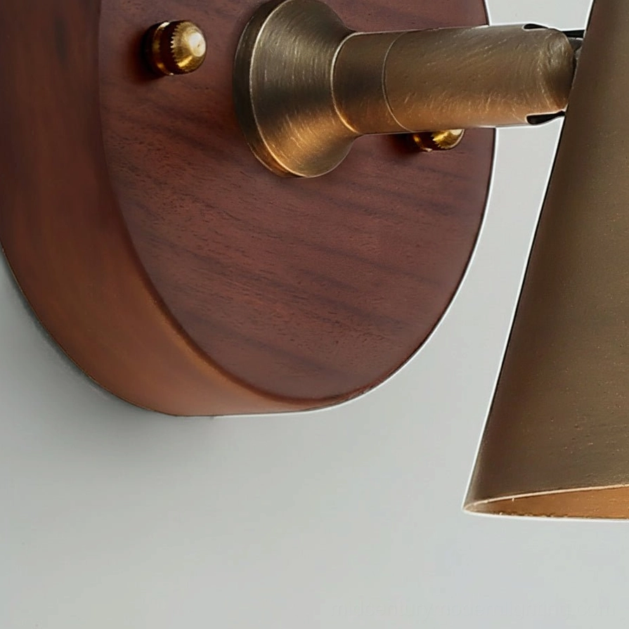Janna Wall Sconce mounting assembly - walnut wood backing and brass fasteners