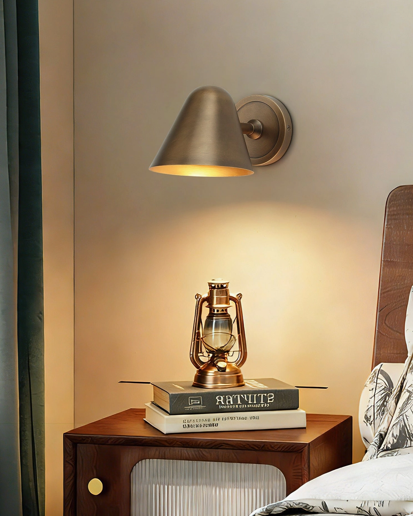 Janna Brass Sconce above vintage nightstand - mid-century modern bedroom ambiance