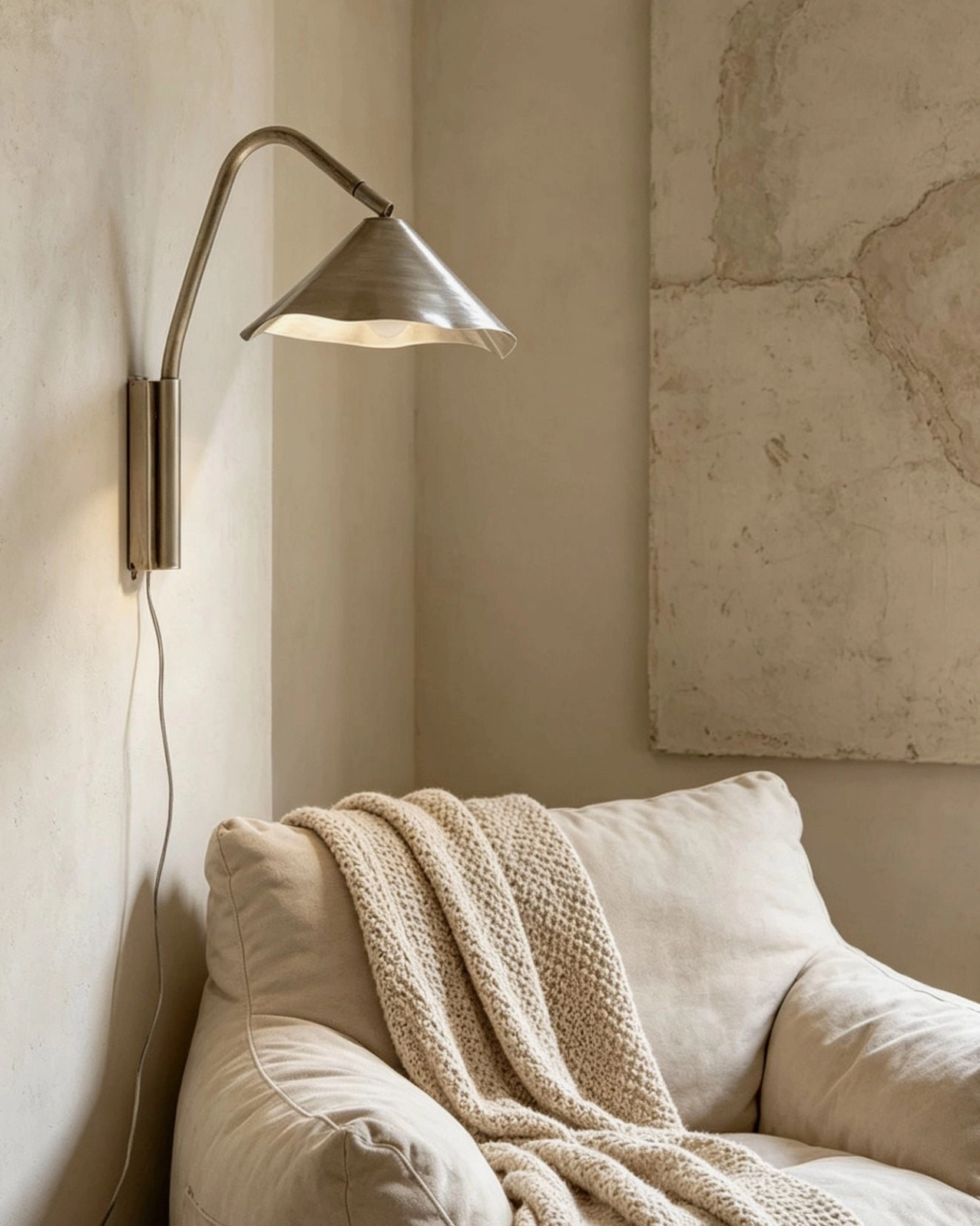 Janna wall-mounted light in cozy reading nook with armchair and knit textiles, minimalist aesthetic